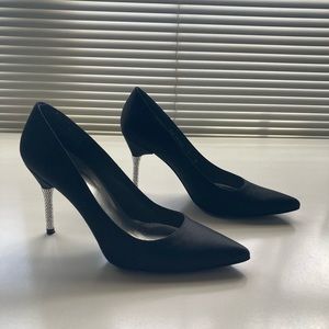 Stuart Weitzman size 7 black satin pumps heels with rhinestone heels. Wow!